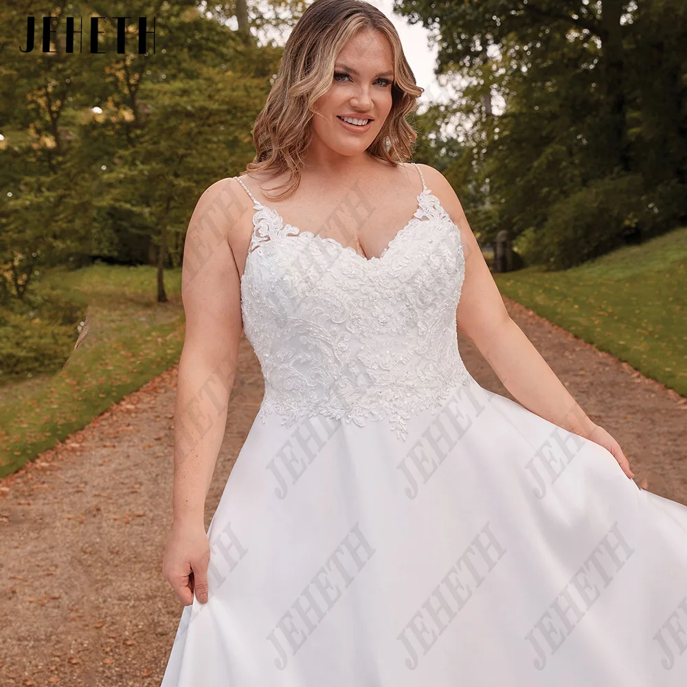 JEHETH Civil Wedding Dress Spaghetti Straps V-Neck Lace Applique Bride Gowns Plus Size A-Line Satin Sleeveless Robe De Mariée