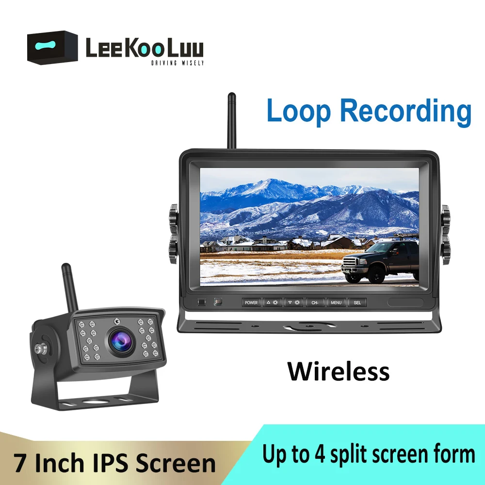 Leekooluu 7 Inch Car Monitor 1024*600P IPS 4 Split Screen Recording DVR AHD Wireless Vehicle Rear View Camera for Truck Bus