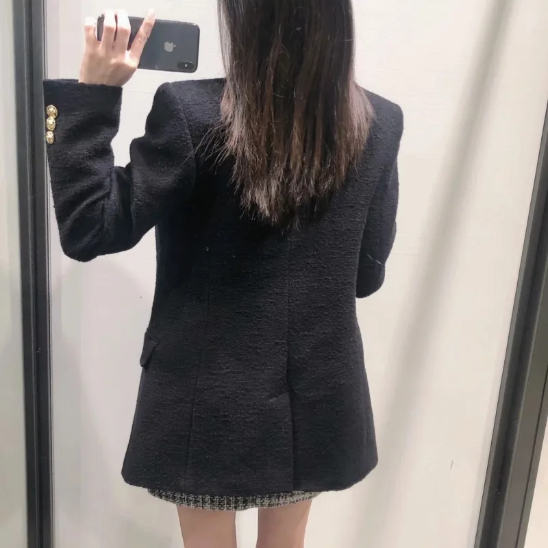 Autumn/Winter 2024 gold button tweed coat temperament black mid-length textured suit woman