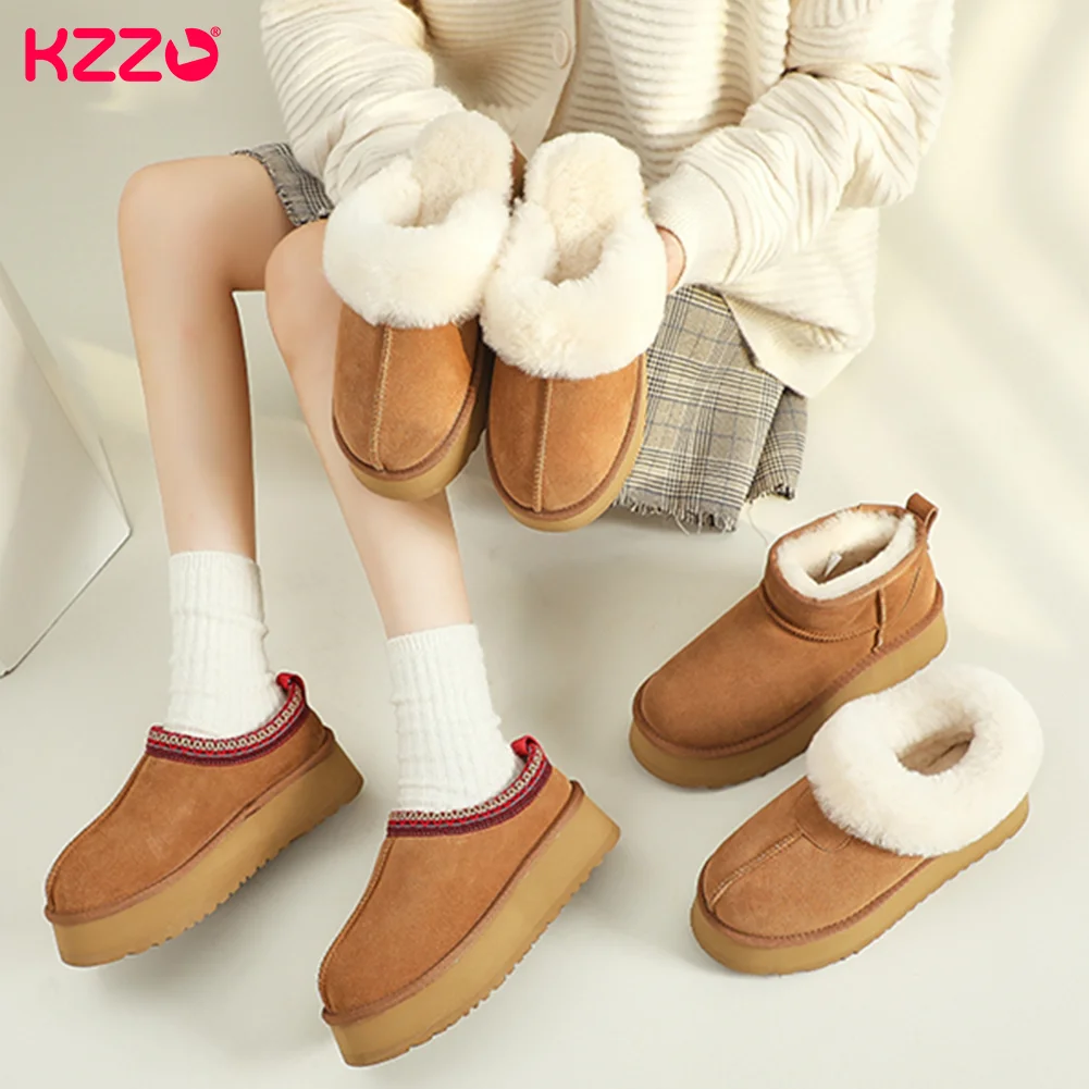 KZZO Fashion Ultra Mini Platform Snow Boots Australia Genuine Leather Women Wool Fur Ankle Thick Sole Winter Warm Shoes Maroon