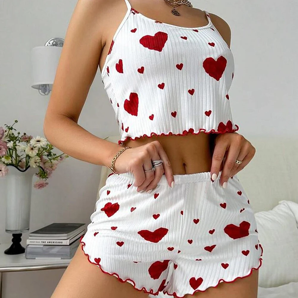 Women\'s Summer 2PCS Pajama Set Sling Vest with Shorts 2025 Newly Love Heart Print Spaghetti Strap Camisole Sleepwear for Girls