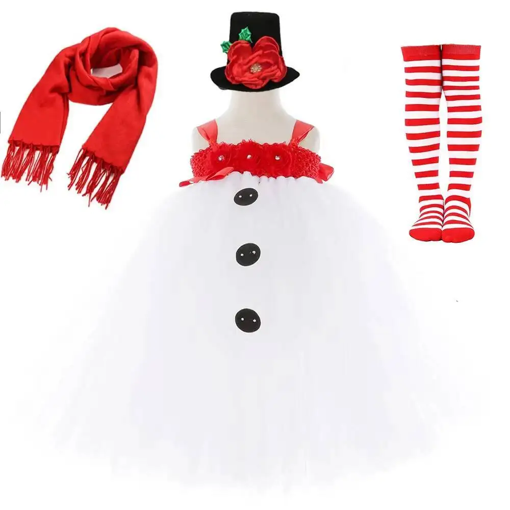 

White Snowman Costumes for Girls Christmas Holiday Long Tutu Dress for Kids Xmas Party Clothes New Years Outfit with Scarf Socks