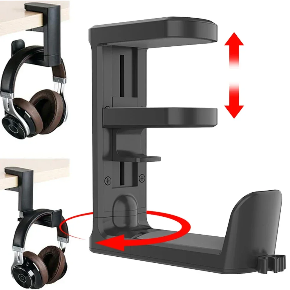 Adjustable No Punch Headphone Stand Clips 360 Degree Rotating Foldable Gaming Headset Hanger Hook Under Desk Earphone Holders