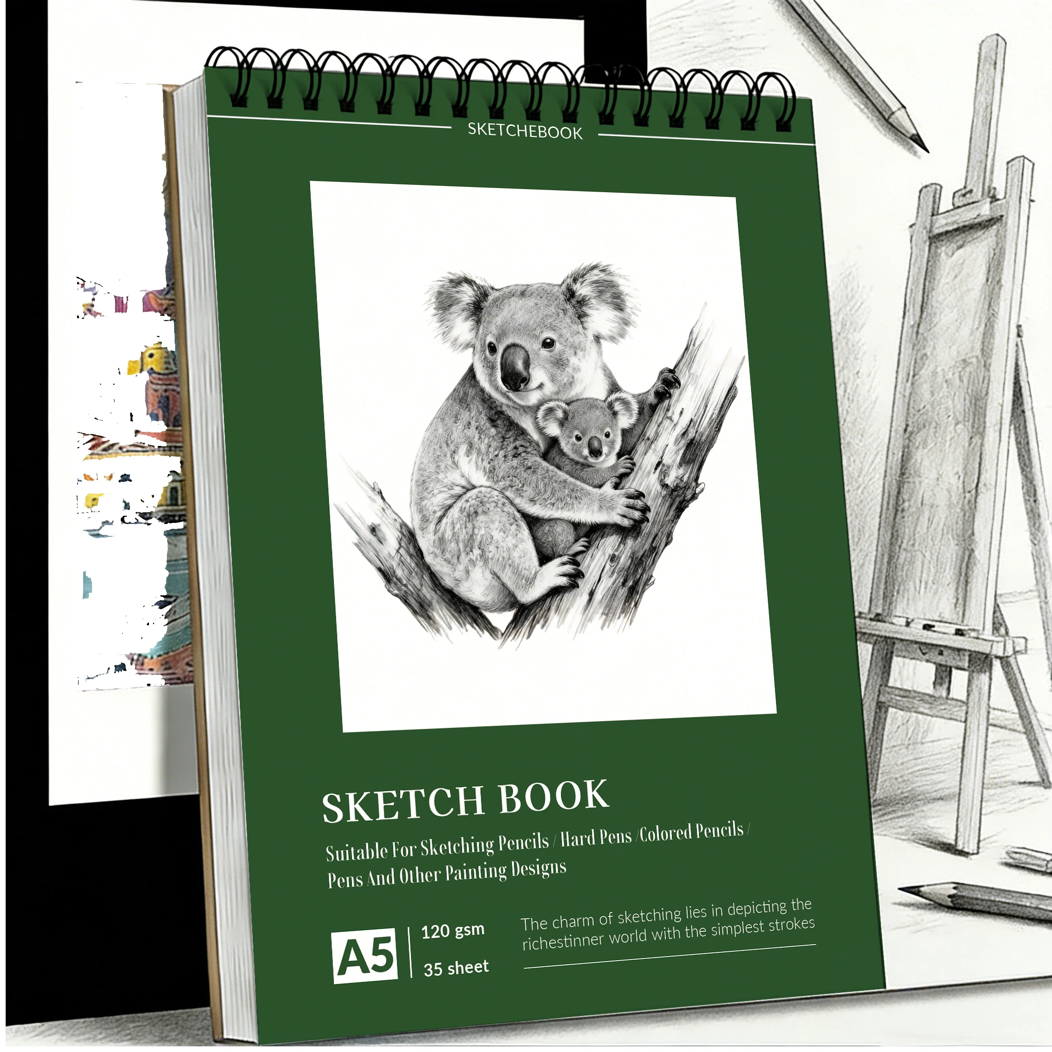 

Альбом для рисования на спирали формата А5, обложка с изображением коалы и детеныша, 35 листов (120 г/м²), бескислотная бумага, идеально подходит для карандаша, угольного карандаша и других материалов.