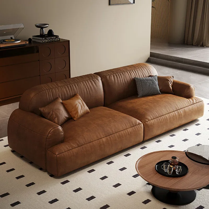 Medieval leather Italian minimalist retro sofa oil wax leather three-person sofa