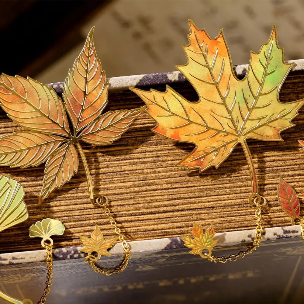 Exquisite Metal Leaves Bronzing Bookmark Chain Pendant Multicolor Reading Book Clip Stationery Pagination Mark Student Gift