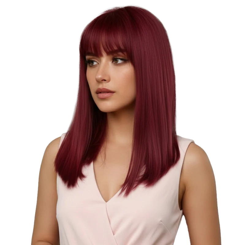 Peruca Sintética Longa Ondulada Borgonha Vinho Colorida para Cosplay Lolita com Franja para Mulheres Cabelo Afro Natural Resistente ao Calor