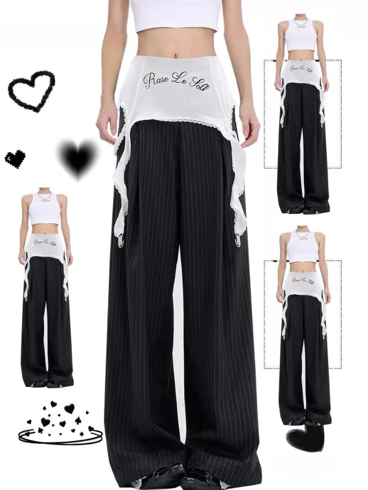 

ADAgirl Lace Stripe Spliced Suit Pants Women Y2k Hip Hop Causal Baggy Korean High Waist Wide Leg Trouser Streetwear Chic Bottoms