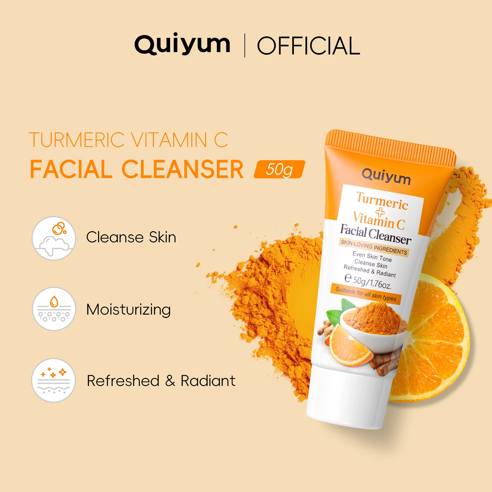Quiyum cúrcuma vitamina c limpador iluminar o tom da pele limpeza suave lavagem facial controle de óleo 50g