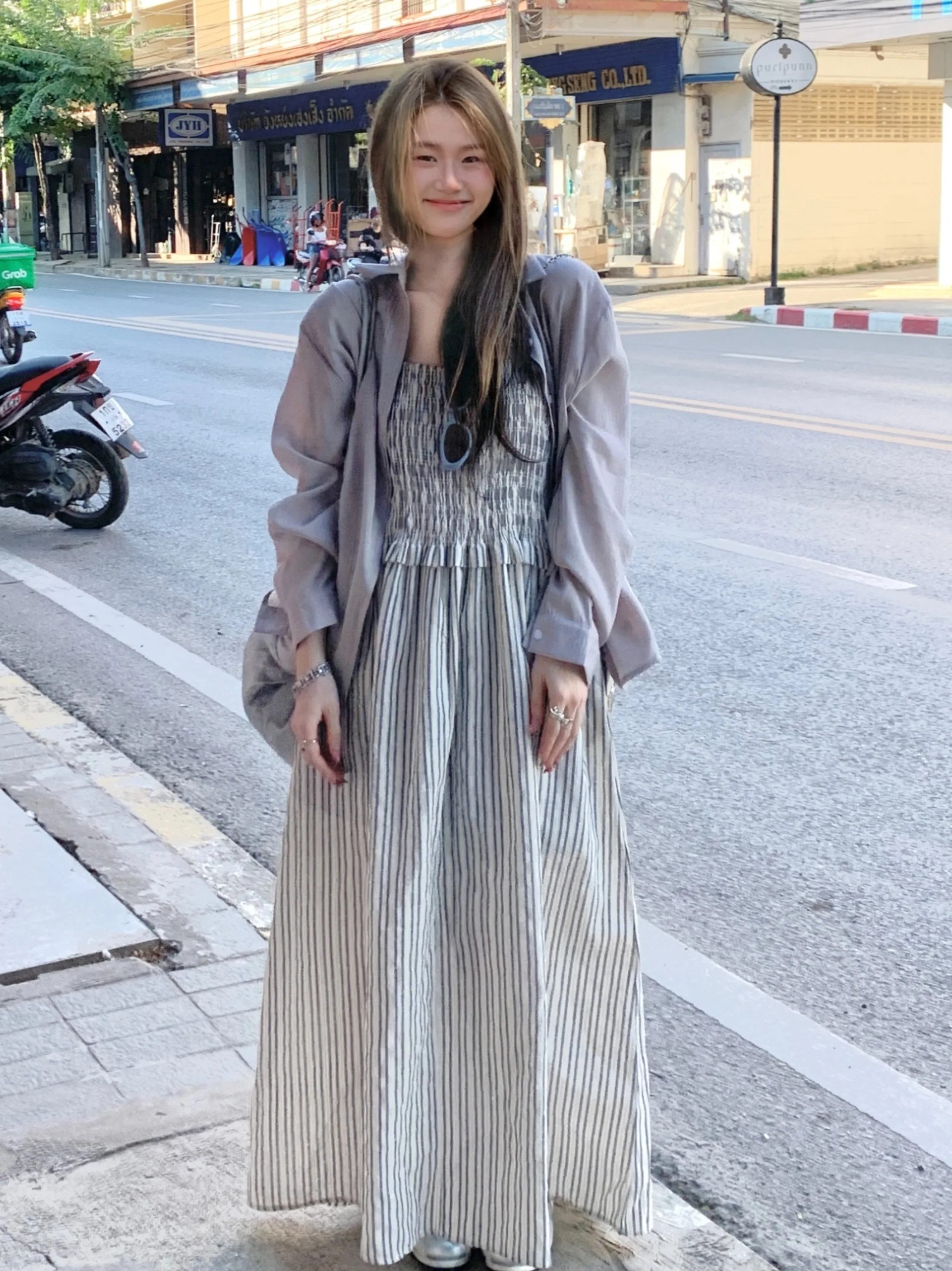 

plus Size Striped Maxi Dress Slimming Sun Protection Long Sleeve Shirt Design Waist Cinched Slim Fit Strap Dress Commute Style
