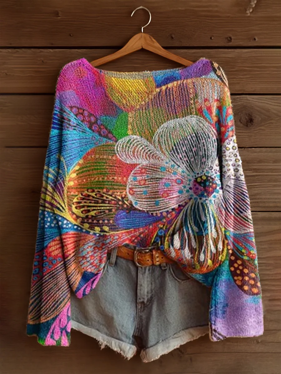 

Повседневные вязаные свитера с цветочным принтом для женщин, модный пуловер, свободный свитер с длинными рукавами, модные уличные джемперы, топы