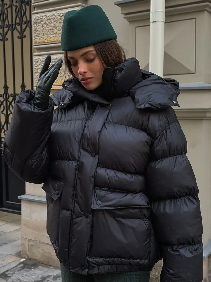 

2026 Winter Women's New Black Parkas Coat Fashion Street Simple Cotton Padded Jacket Square Pocket Warm Hooded Outerwear Coats