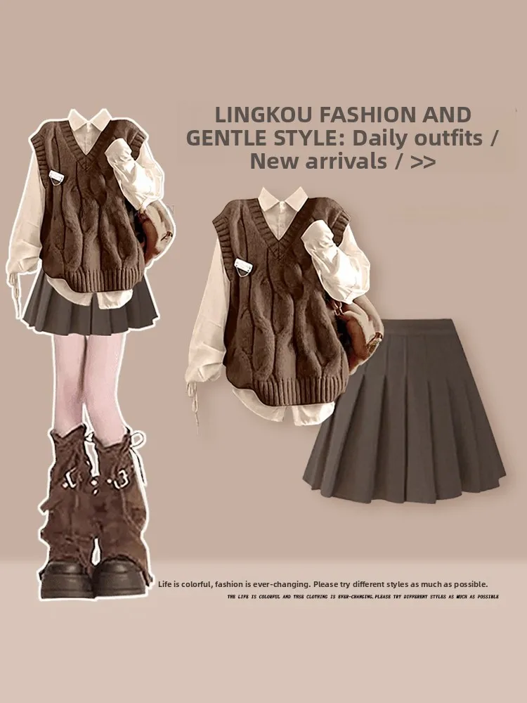 

Large Size Spring Autumn College Sle Knitted Set Women's Base Layer irt And Skirt Tee Piece Set Anti-Aging Mermaid Design