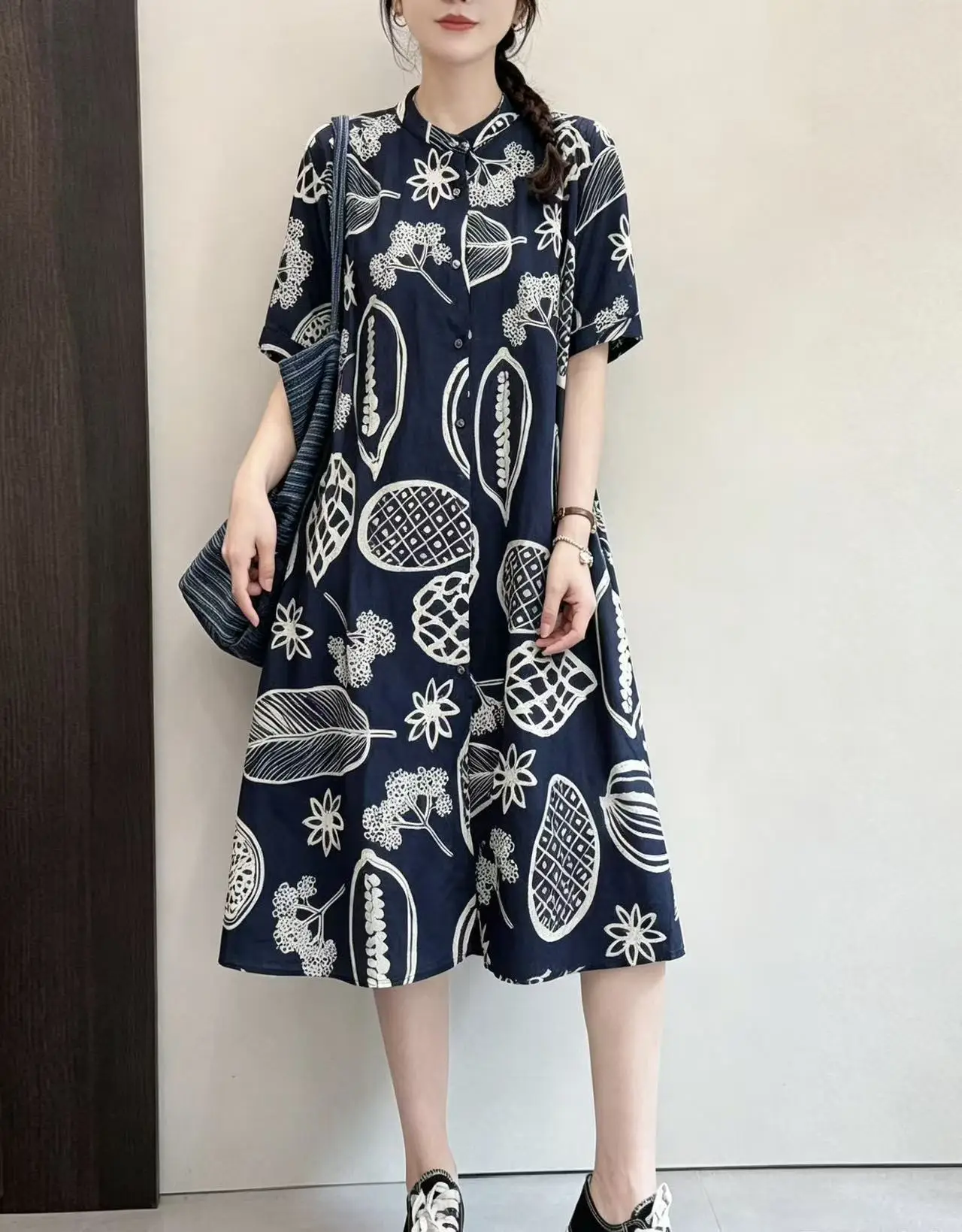 100% Cotton women dresses summer Japan harajuku fashion short sleeve black white cartoon graffiti printed shirts dress