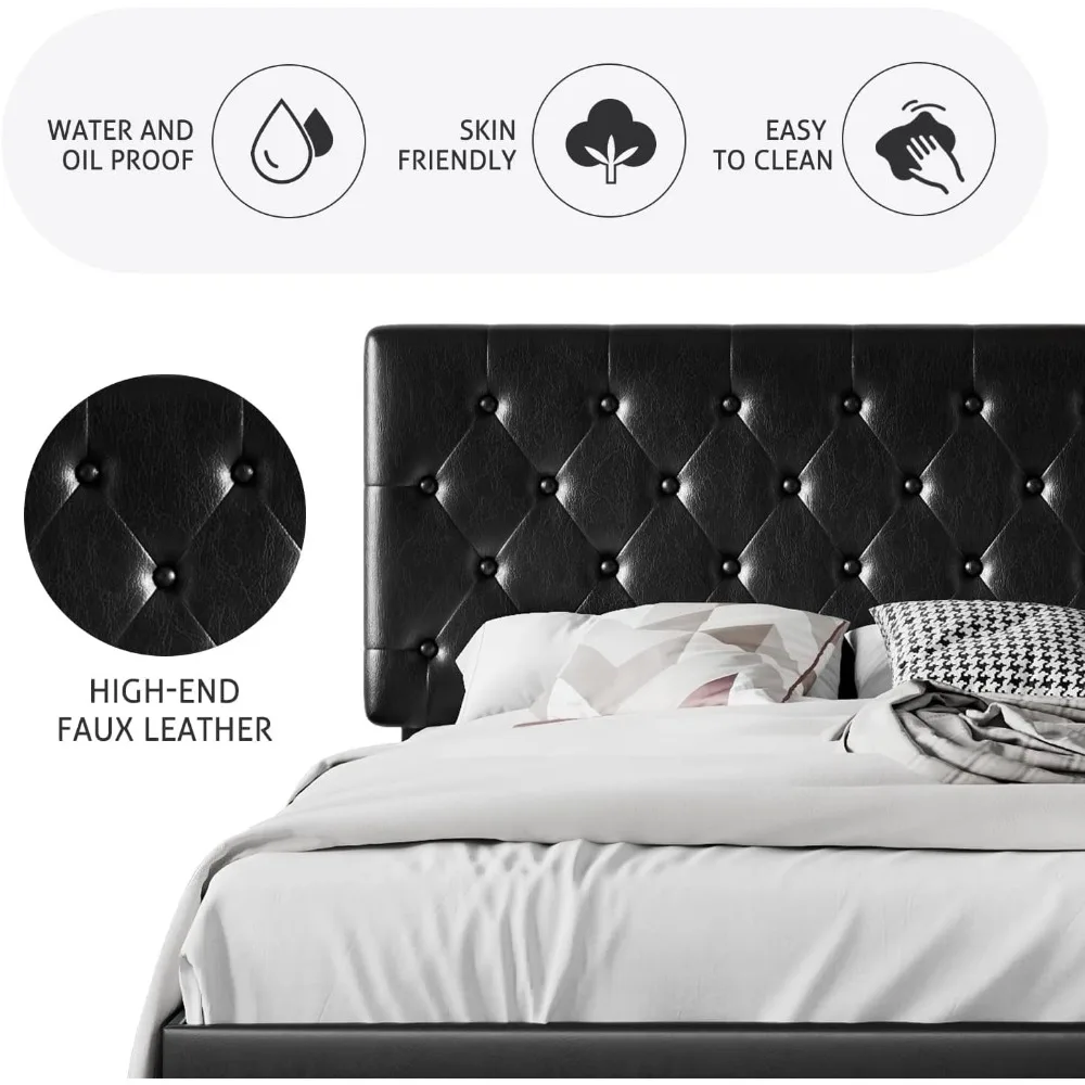 Full Size Platform Bed Frame with Button Tufted Headboard, Faux Leather Mattress Foundation, Wooden Slats