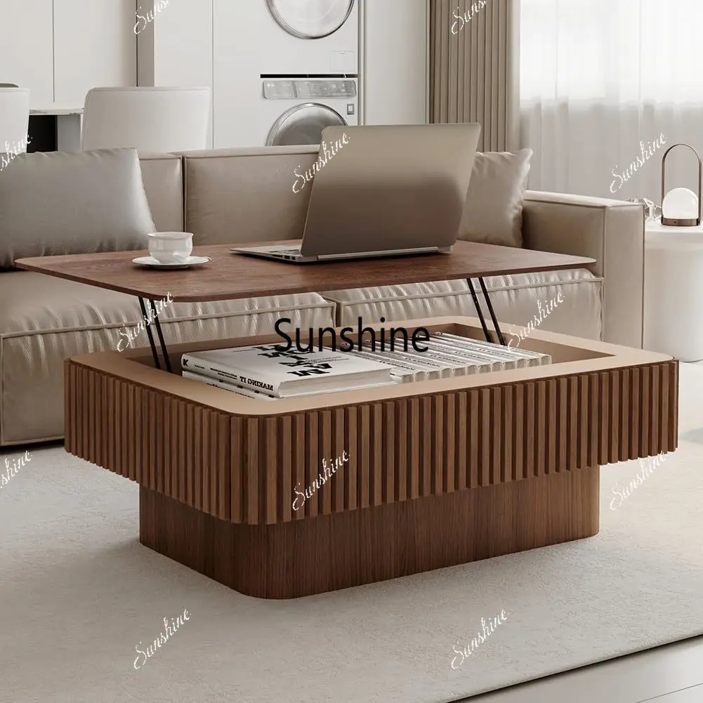 Solid Wood Veneered Lift Top Coffee Table Fluted Wood Rectangular Coffee Table with Hydraulic Lift Mechanism