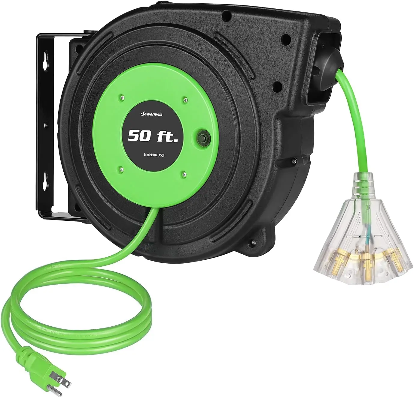 Retractable Cord Reel, 50FT Extension Cord Reel, 14AWG/3C SJTOW, Grounded Outlets Lighted Triple Tap, 13 Amp Circuit Breaker