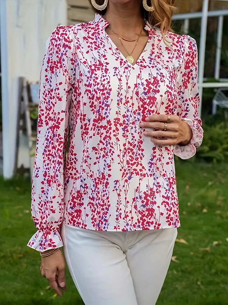 

Модная элегантная женская весенне-летняя повседневная рубашка с кружевными рукавами и v-образным вырезом с цветочным принтом, элегантный стиль с краями листьев