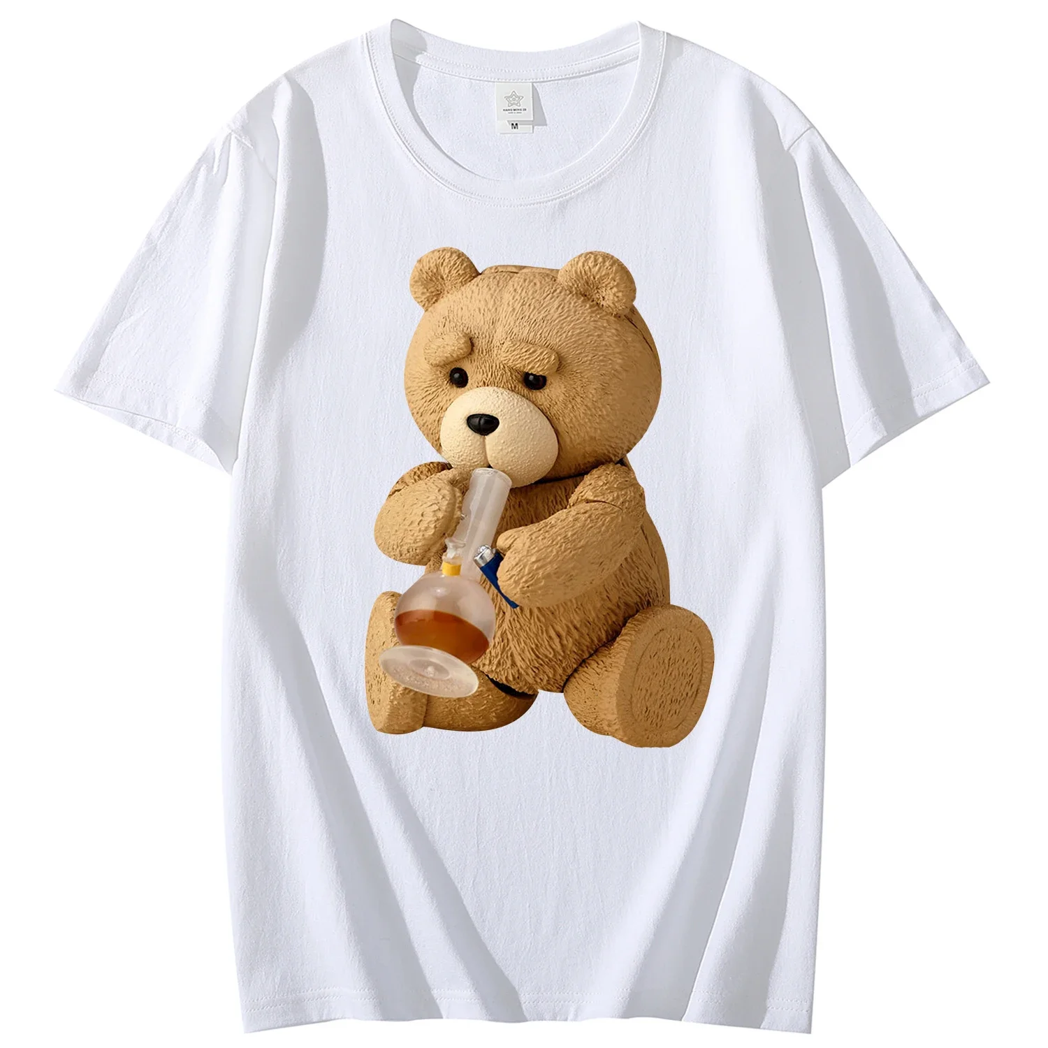 New Print Cute Teddy Bear Drink Beer T-shirt Men\'s Summer Short Sleeve Top Cotton Cool T-shirt Top Streetwear