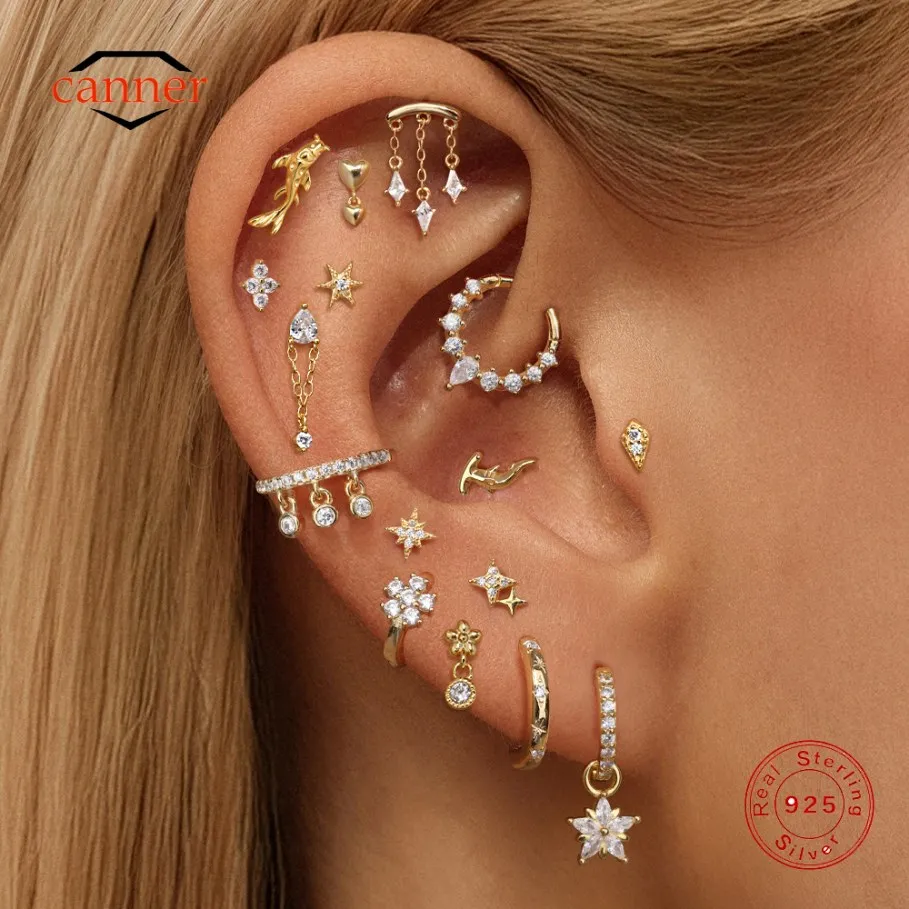 

CANNER 925 Sterling Silver Eight Pointed Star Geometric Zircon Stud Earrings For Women INS Shark Goldfish Earrings Jewelry Gift
