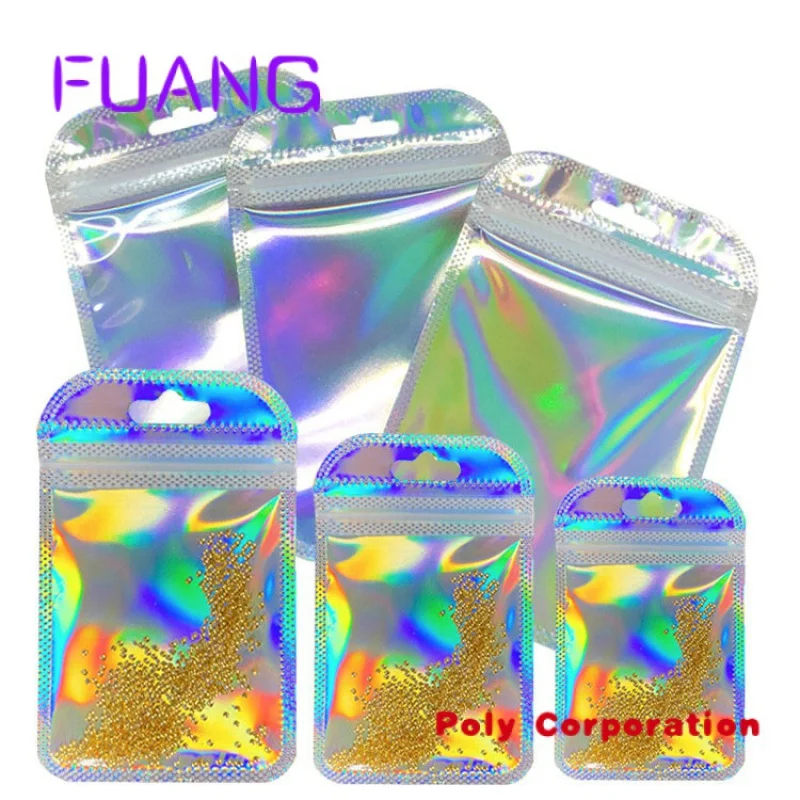 Custom  Silver Laser Holographic Resealable Smell Proof Foil Ziplock Bags Flat Clear Food Storage Bag Pouch Aluminum Plastic Pac