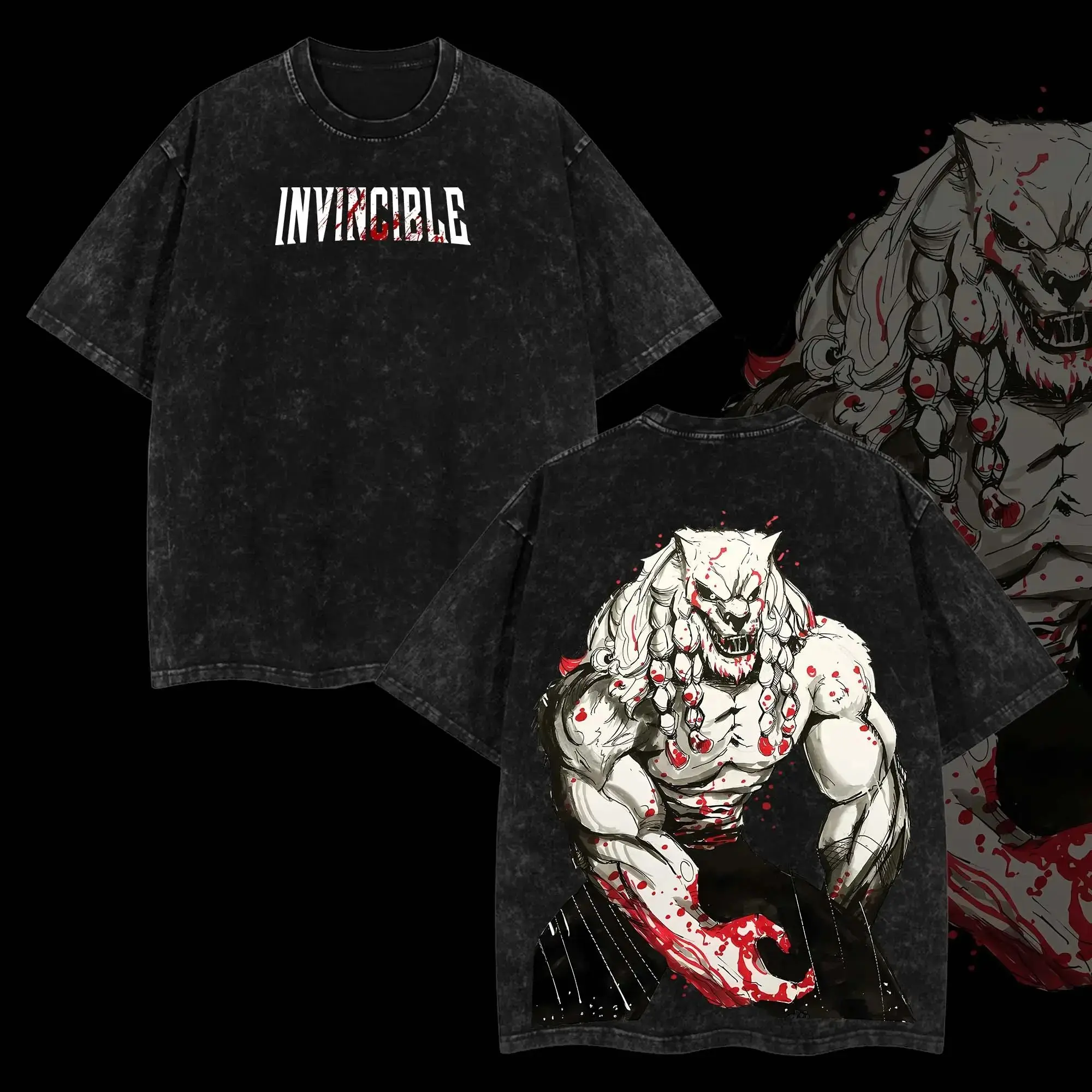 Vintage Washed Harajuku Top Anime Crazy Invincible Graphic Print T-Shirt Y2K Fashion Summer Tee Crew O-neck Cotton Tops Unisex