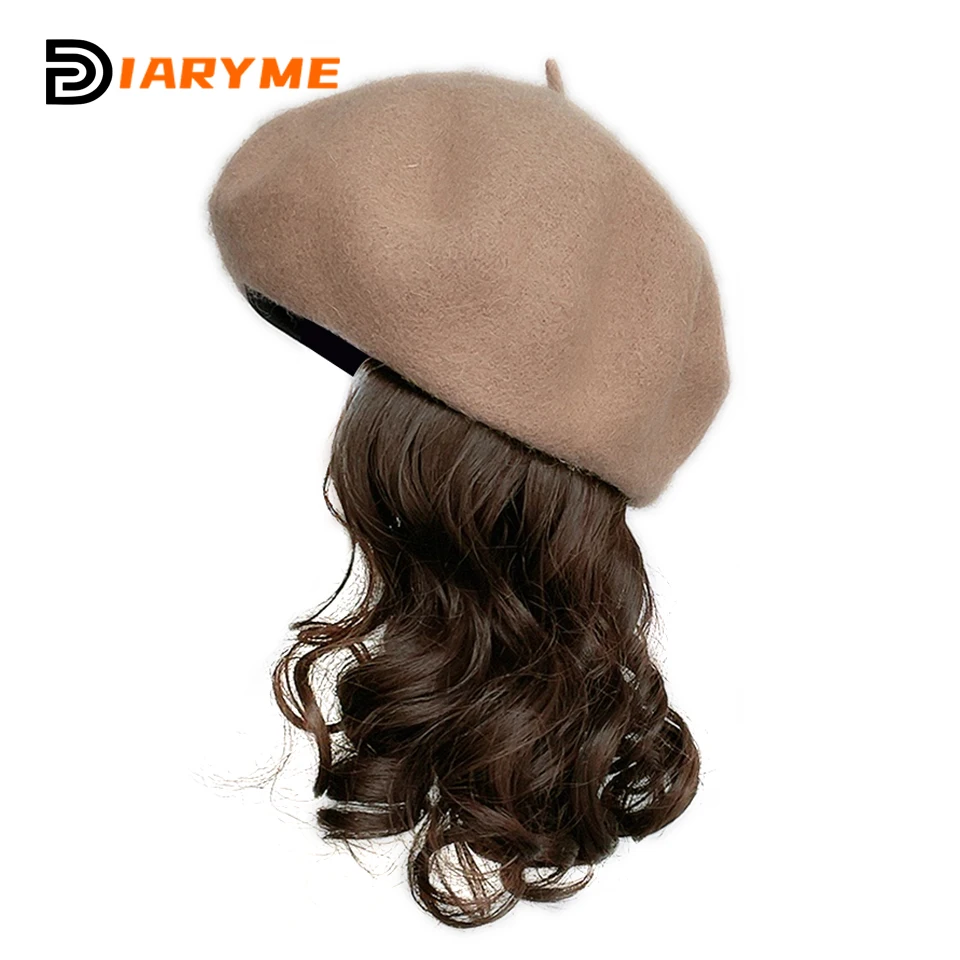 Hat Wig Synthetic Short Curly Wavy Hair Wigs With Hat Berets Cap Wig Hair Extension Black Brown Wig Cap Heat Resistant Wire