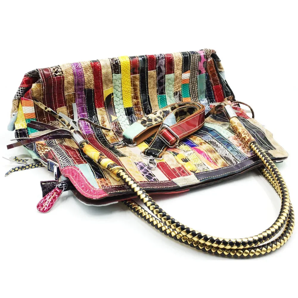 Women‘s Fashion Multicolour Genuine Leather Snake Patterned Splicing Stripe Tassels Tote Handbags ShoulderBag CrossbodyBag Daily