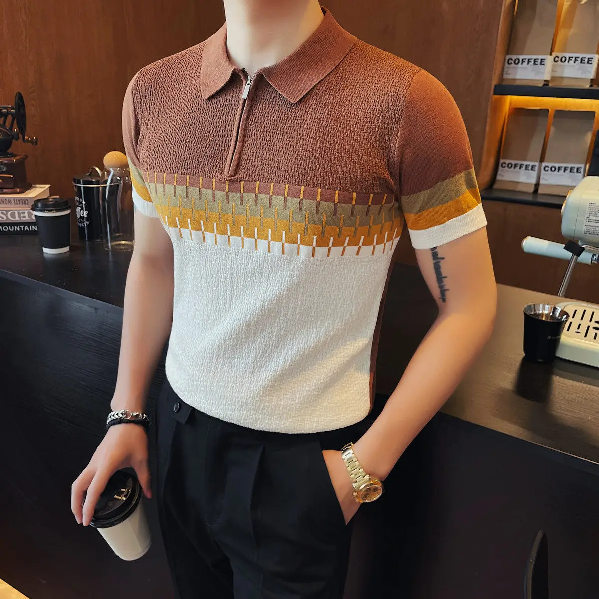 Sommerliche Color-Blocking Strick-Poloshirts für Herren – Elastisches Eisseide-Revers-Freizeit-Business-T-Shirt für Büro und Alltag – Vielseitiges Oberteil