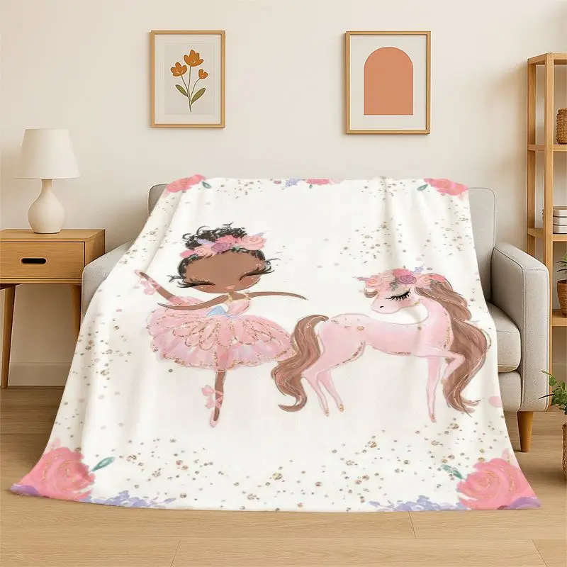 Ballet Girl Cartoon Flower Fairy Flannel Blanket Soft Warm Throw Blanket for Bedroom Living Room Bed Travel Camping Picnic Cover