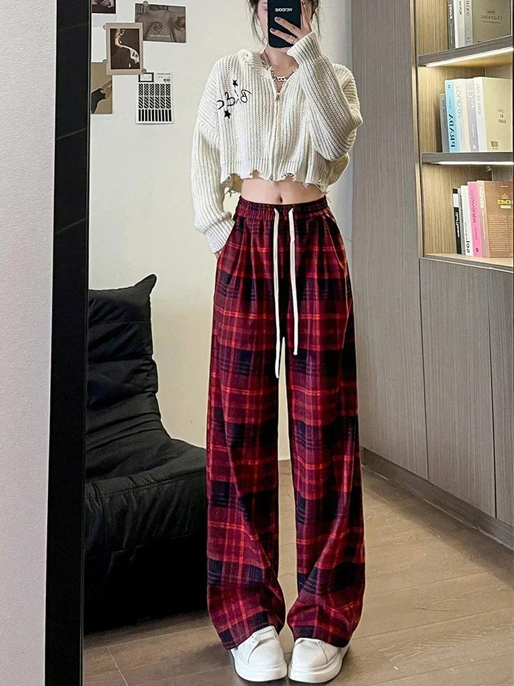 Retro Plaid Pants for Women 2024 Autumn Winter Straight Pants with Velvet Sweatpants Elegant Slim Narrow Wide Leg Pants Joggers