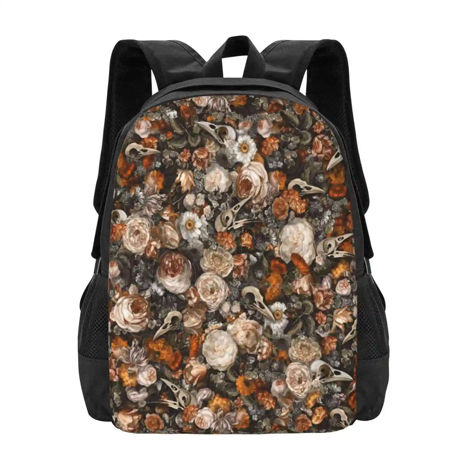 Baroque Macabre Hot Sale Backpack Fashion Bags Baroque Floral Golden Vintage Flower Halloween Rose Bird Skull Pattern Autumn