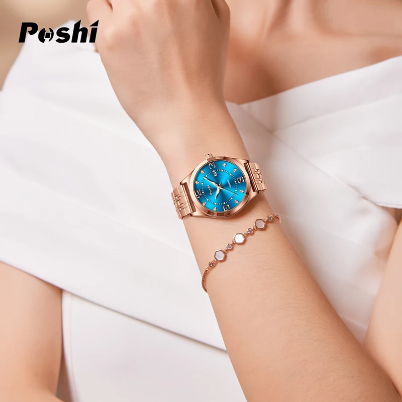 POSHI 973 Fashion Casual Women\'s Watches Quartz Movement Original Wristwatch Stainless Steel Date Ladies Bracelet With Box Gift