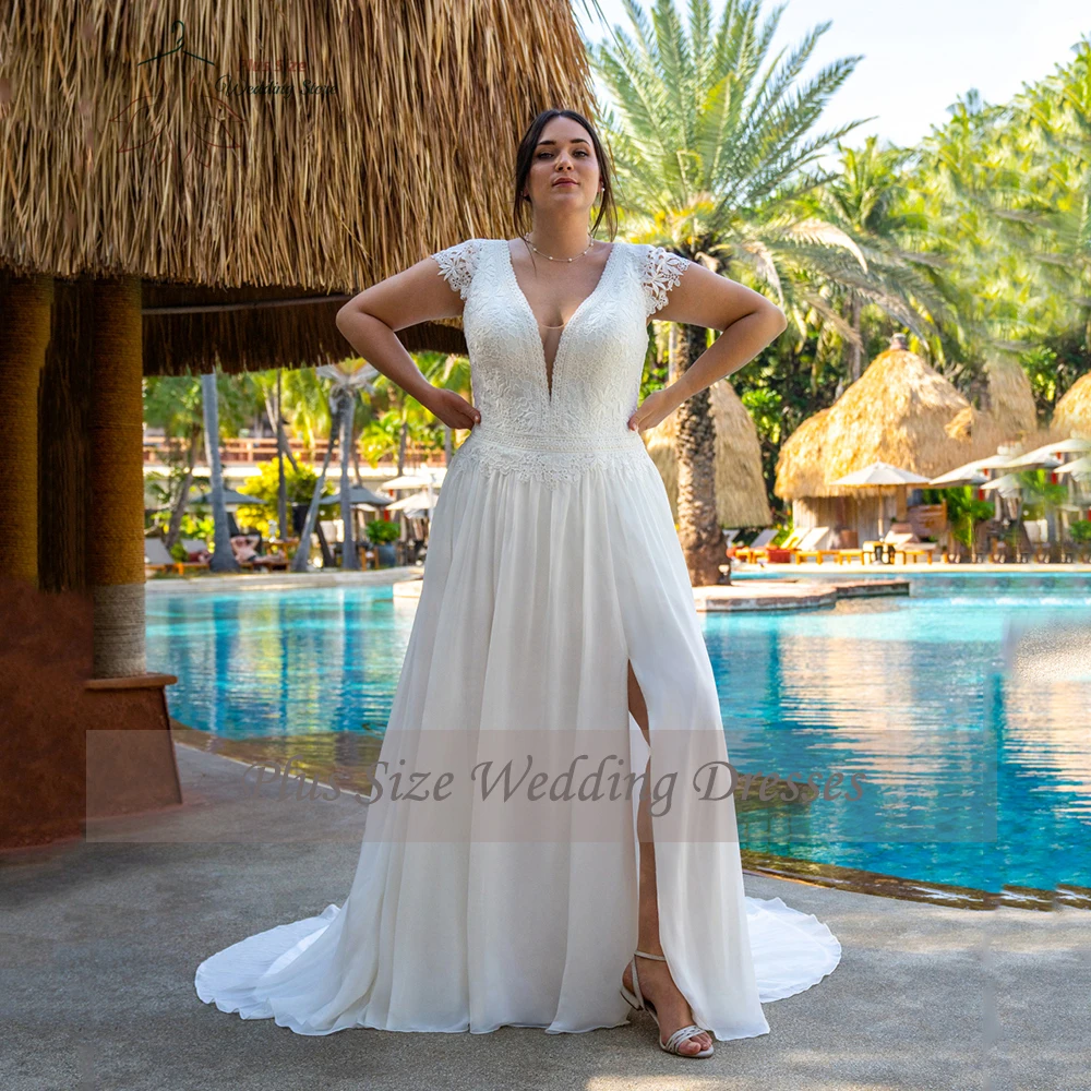 Abito da sposa classico Plus Size 2023 scollo a v profondo maniche corte abito da sposa ChiffonSide Split a-line Sweep Train Robe De Mariée