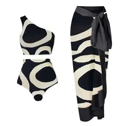 Bestway Black and White Print High Waist One Shoulder Bikini Set and Beach Skirt Swimwear Bathing Suits for Women 2023 Wholesale