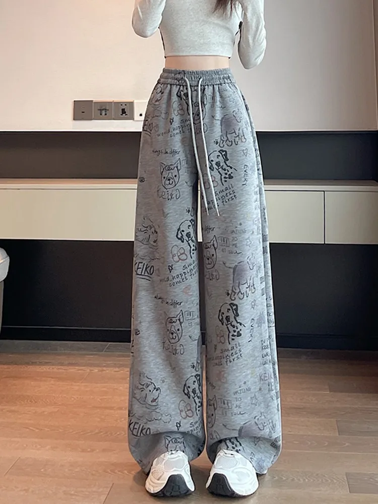 Cartoon fiti Print Wide Leg Pants Women's Casual Straight Cut High Waist Loose Fit Versatile Slimming Autumn Faion
