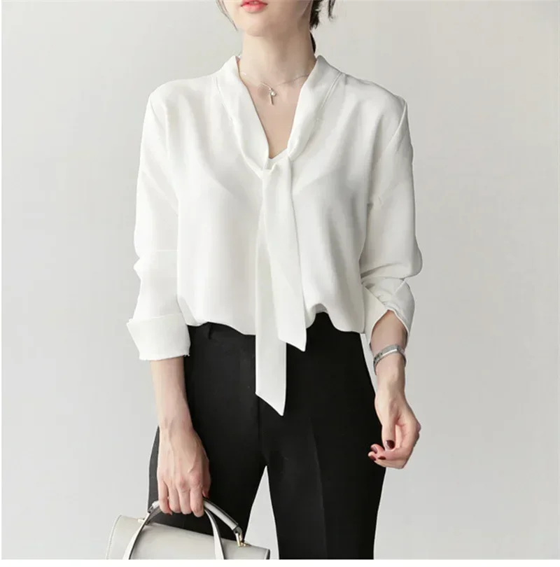

한국인 리뷰 많은 옷 Women Blouse Shirts Korean Fashion Office 2023 Autumn Long Sleeve Tie Bow Chiffon Turtleneck Formal Shirts