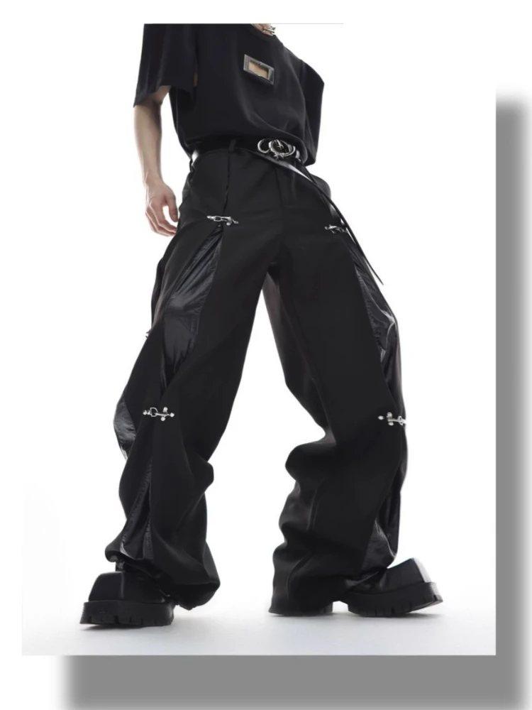Mens Trousers Harajuku Deconstructed Streetwear Metal Buckle Suit Pants Leather Patchwork Straight Leg Loose Fit Draped Casual view 6
