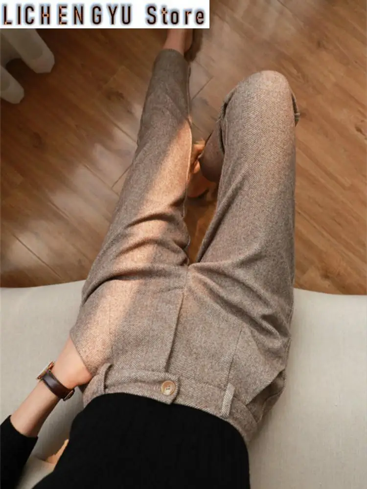 

New Woolen Pants Women's Harem Pencil Pants Autumn Winter High Waisted Casual Suit Pants Office Lady Women Trousers