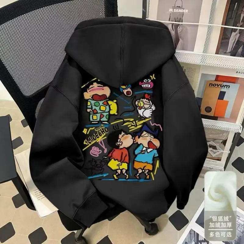 Crayon Shin-Chan Letter Printed Hoodie Autumn Winter Women Loose Casual Couple Hooded Sweatshirt Student Tops Jacket Thick Warm