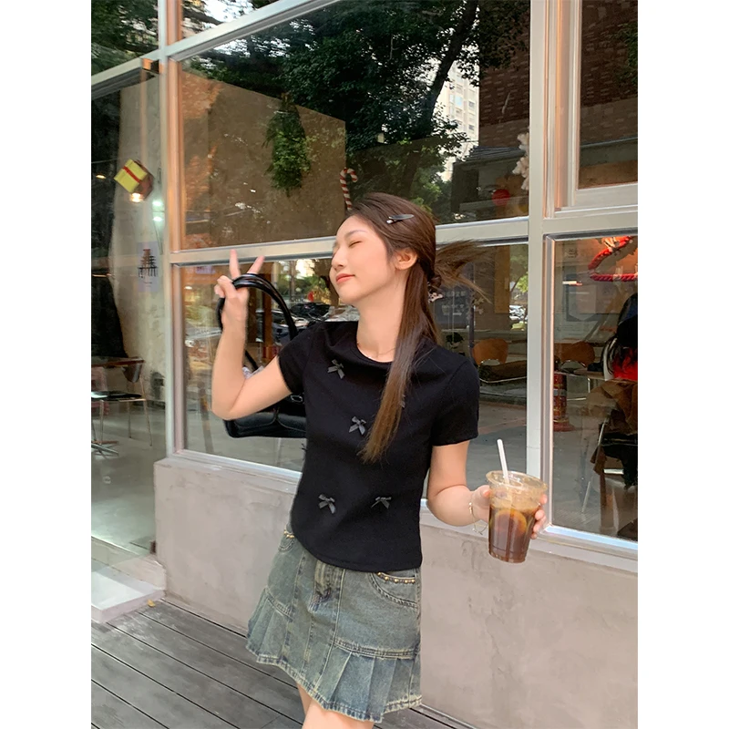 Wave Point Bow Splicing Women T-shirts Short Sleeve Slim Fit Female Tops Summer Round Neck Solid Black Cotton Tee Shirt Vintage