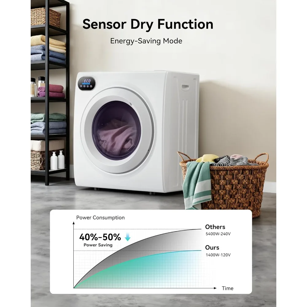مجفف محمول 2.65 قدم مكعب، مجفف ملابس 1400 وات مع حوض من الفولاذ المقاوم للصدأ، لوحة لمس LCD، آلة مجفف مع 4 أوضاع للمنزل