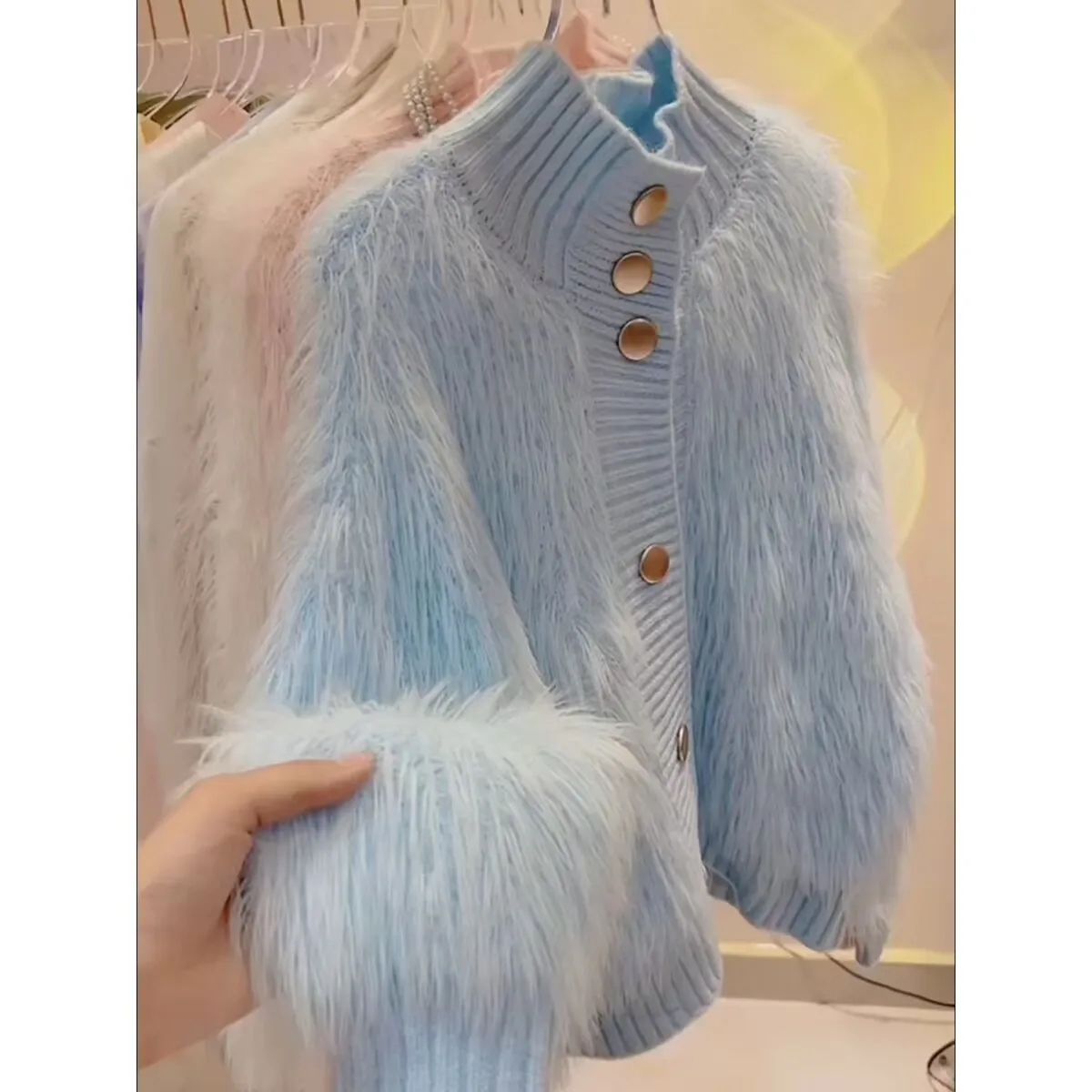 Female New High-end Temperament Thick Loose Fur Knitted Jacket 2026 Autumn Spring Women's Mink High Neck Sweater Casual Cardigan
