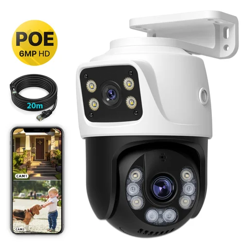 Cámara POE WiFi de doble lente, cámara PTZ de seguridad inteligente para el hogar, 6MP HD, inalámbrica, pantallas duales para exteriores, seguimiento automático, videovigilancia