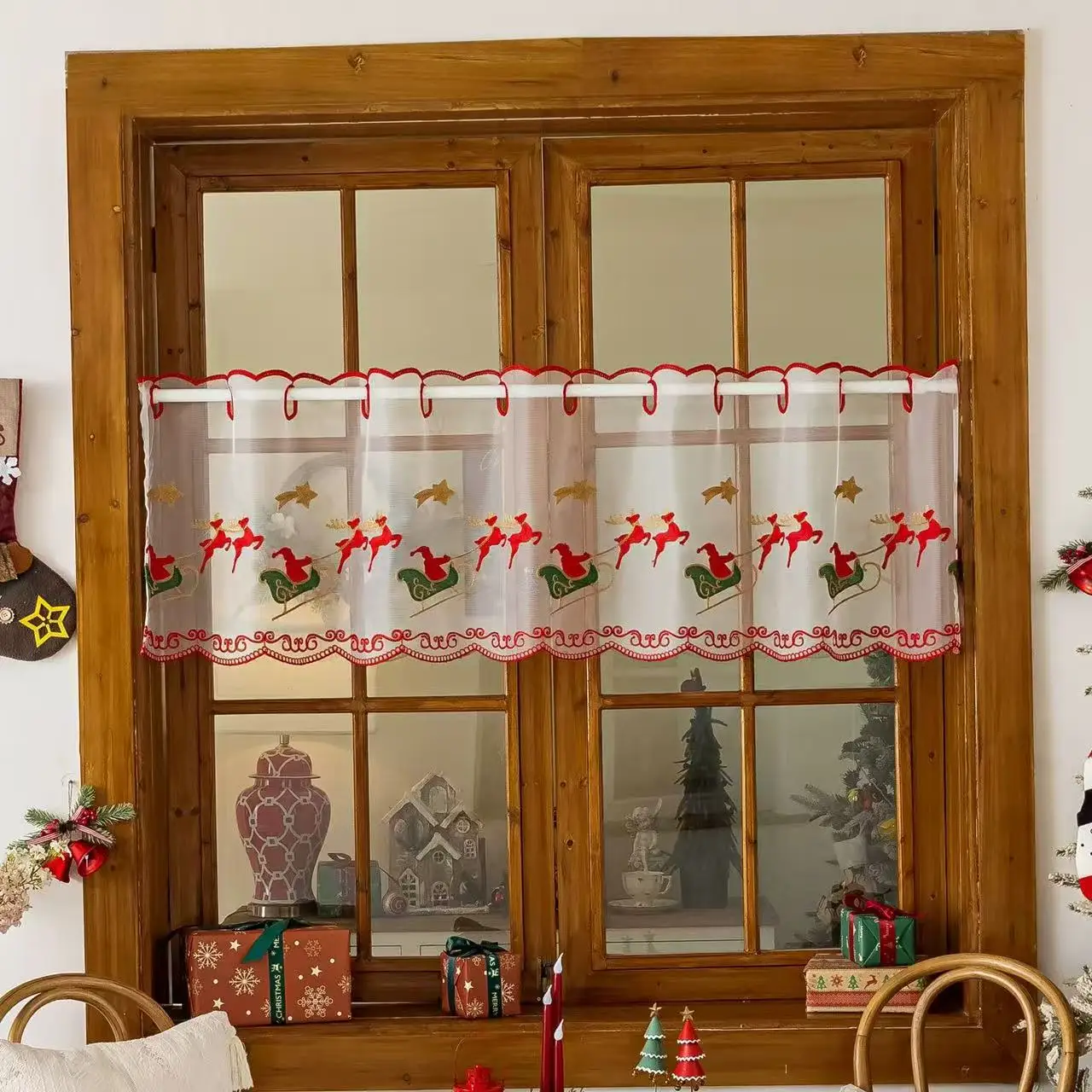 

1pcChristmas Santa Reindeer Sheer Valance Curtain Festive Window Decor for Holiday Kitchen Dining Room Dropshipping