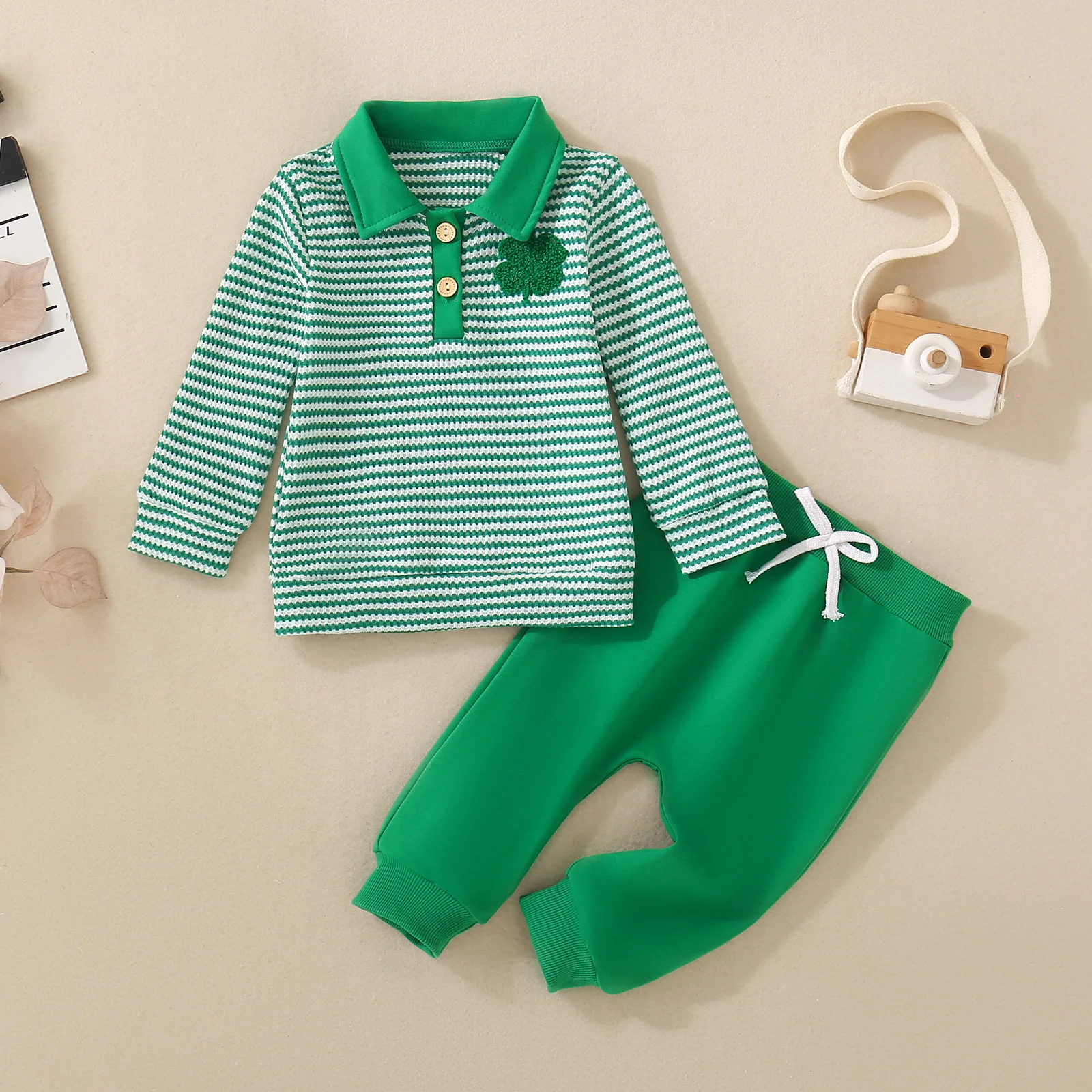 

Unisex Infant & Toddler Spring/Autumn Four-Leaf Clover Rainbow Embroidered Green Long-Sleeved Romper St. Patrick's Day Exclusive