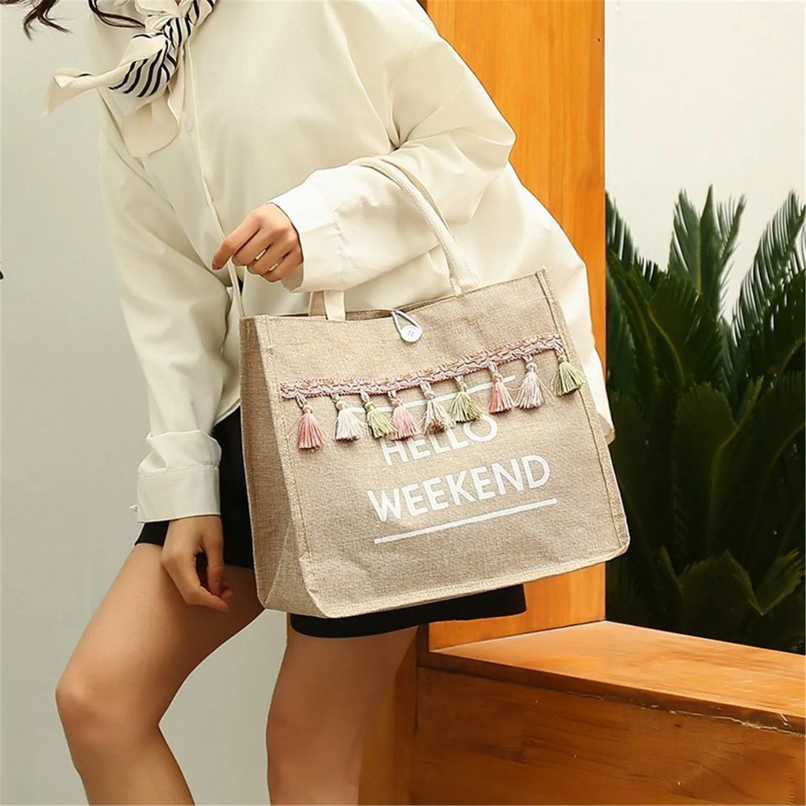 ISKYBOB Women Travel Shopping Bag Large Capacity Handbags Lady Tassel Shoulder Bag Big Letter Linen Totes Casual 2024 Gift Bag