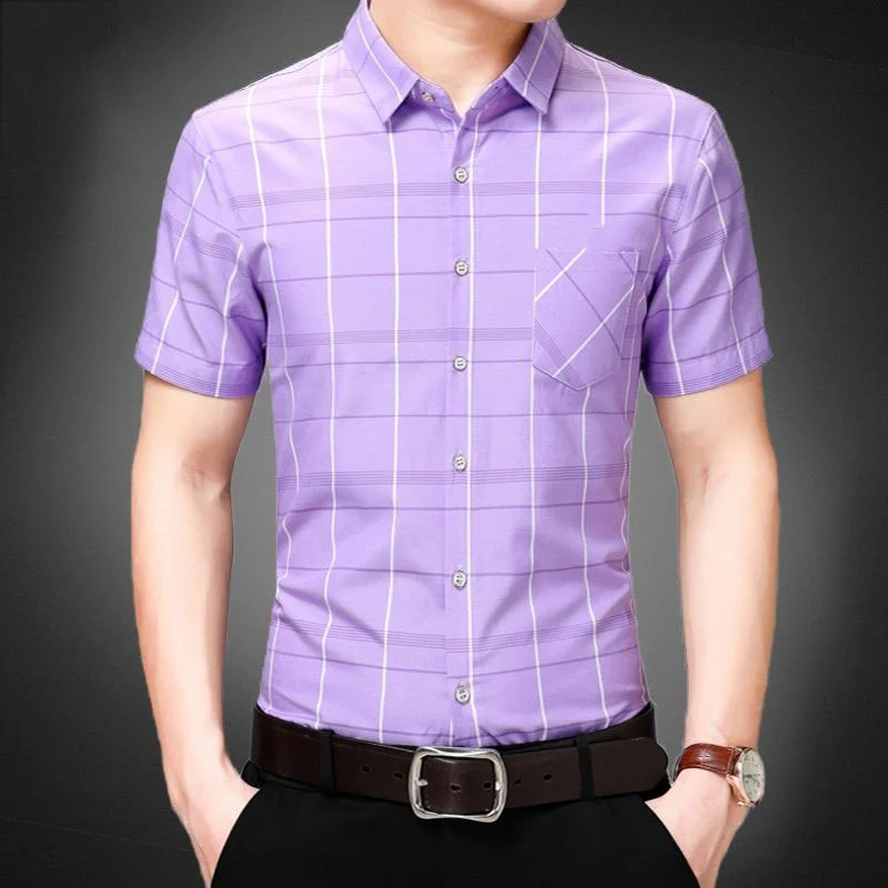 Camisa xadrez de manga curta masculina estampada, roupa masculina, camisa casual com botão gola polo, tendência do escritório de negócios, moda