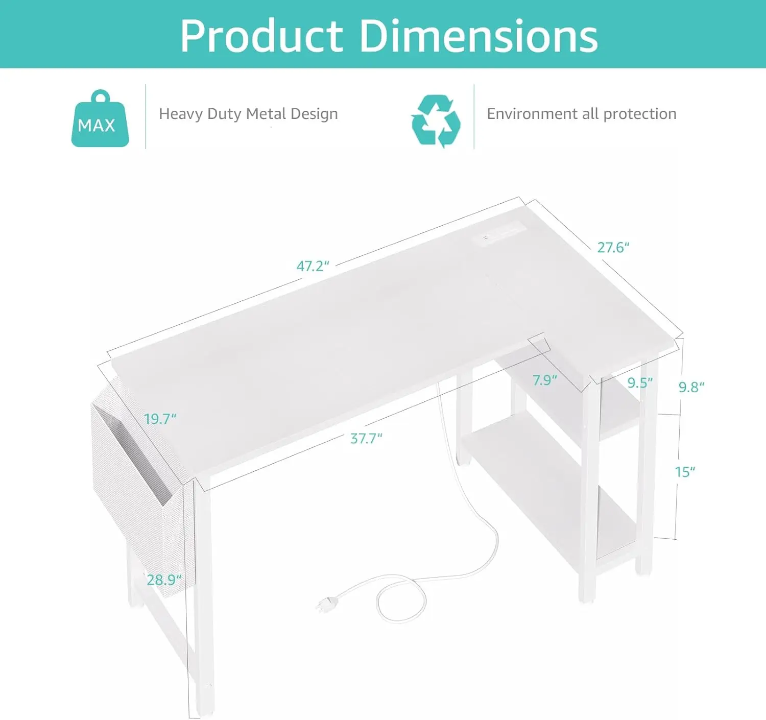 L Shaped Mesa do Computador com Prateleiras de Tomada, 47 "Mesa de Canto para Casa, Escritório, Quarto, Branco