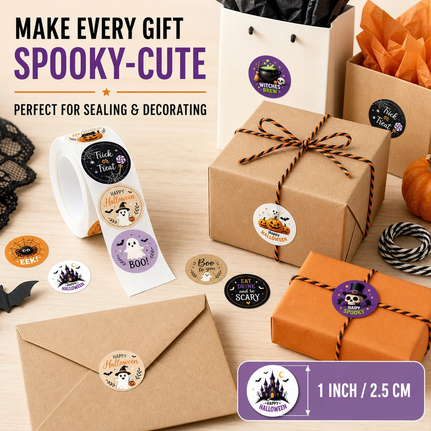 500pcs Per Roll Halloween Graffiti Illustrated Seal Stickers, Gift Box Packaging Sealing Tape DIY Decor Label for Holiday Party Gift - view 4